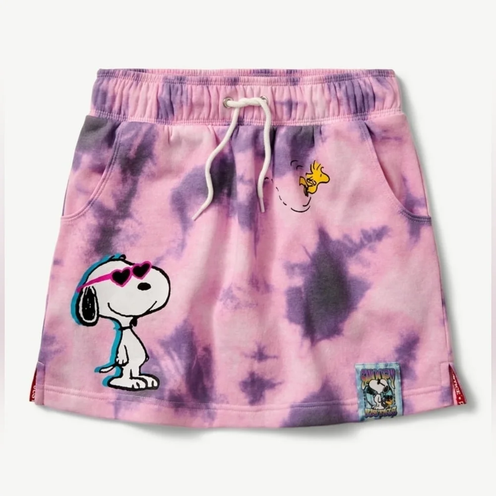 NWT Justice Girls Pink Purple Tie-Dye Snoopy Fleece Skirt Skort Size Large 12/14